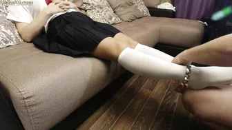 Schoolgirl in Shackles and Handcuffs, White Knee Socks, Uniform