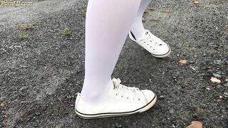 Schoolgirl in White Knee Socks and White Shoes Show under Skirt Feet