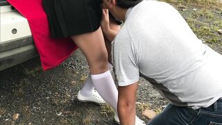 Schoolgirl slave blowjob misstress in white knee socks femdome