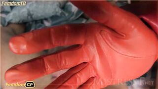Mistress T - orange_leather_glove_HJ