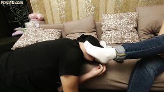 Slave Sniffs Shoes and Kisses Mistress Legs