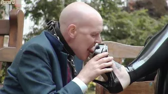 CRUEL ENGLISH FEMDOM - Mistress Evilyne - VERY PUBLIC FOOT SLAVE