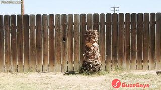 A daddy parading around naked in his backyard. 2