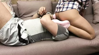 Facesitting Girl in Pantyhose on Slave in Handcuffs Socks Femdom