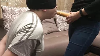 Femdome Blowjob Strapon Mistress Slave Husband in Handcuffs Jeans