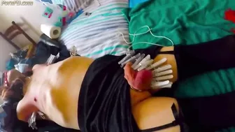 Hard BDSM whip with clamps on armpits nipples and testicles