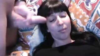 My brunette girl sucks my cock and gets a facial cumshot