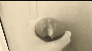 homemade gloryhole handjob with big cumshot