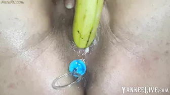 Amateur Milf Squirting fucking a Banana with Anal Beads