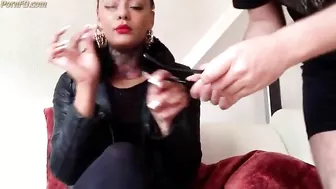 Mistress spits, slaps and smokes..