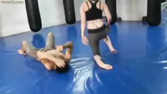 Power of beautiful girl in mixed wrestling