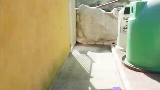 Euro brunette blows outside