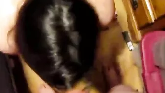 she gets on her knees to suck itty bitty cock